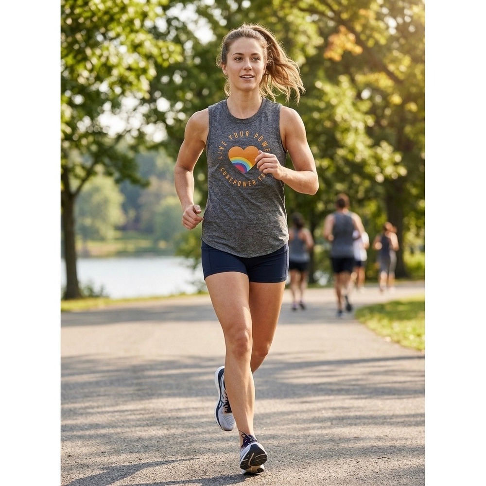 Corepower Yoga Live Your Power Rainbow Heart Muscle Tank Top Gray Space Dye S